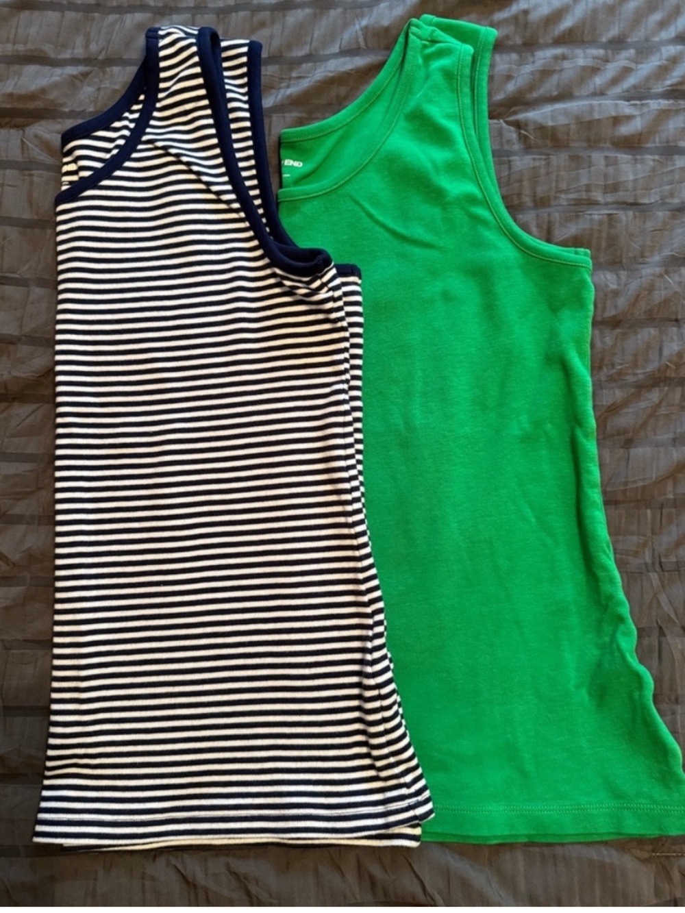 2 Lands End tank tops- green & navy/white striped- size medium